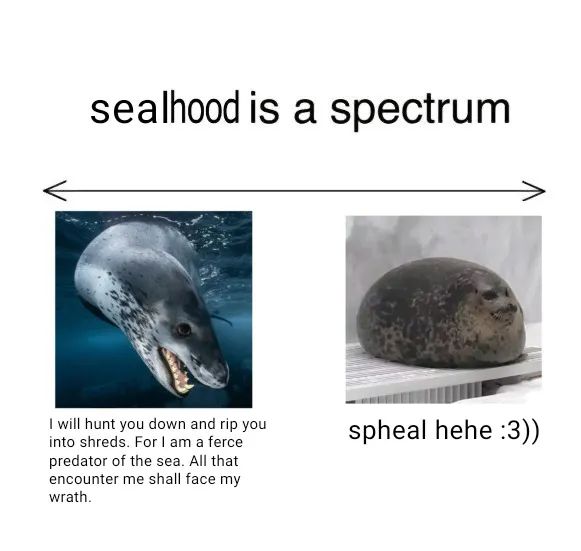 An image with the title "Sealhood is a spectrum".  
It has an arrow with a viscous looking seal at the start, and a soft, cute, blobby-looking seal at the end.  
The scary seal has the caption "I will hunt you down and rip you into shreds, for I am a fearce predator of the sea. all that encounter me shall face my wrath.  

The blobby seal has the caption "Spheal heheh :3))" 