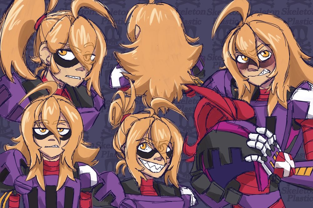 multiple portraits of a man with long blond hair wearing purple, red, and black armor.