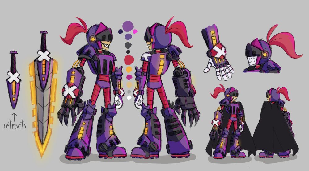 a reference sheet for a redesign of crow from Nefarious. he is wearing red and purple futureistic armor that also have alot of medevil plate armor elements. 