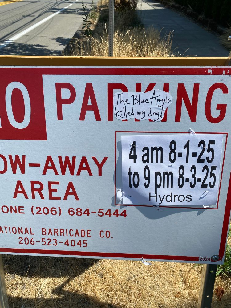 A No Parking sign in Columbia City for Sea Fair. Someone pasted a statement over it saying “Thr Blue Angels killed my dog!”