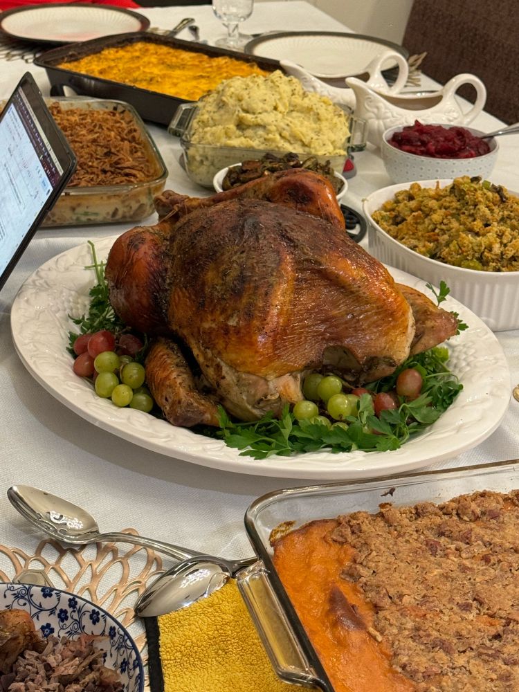Thanksgiving feast of roasted turkey, mashed potatoes, gravy, green beans, cranberries, sweet potatoes