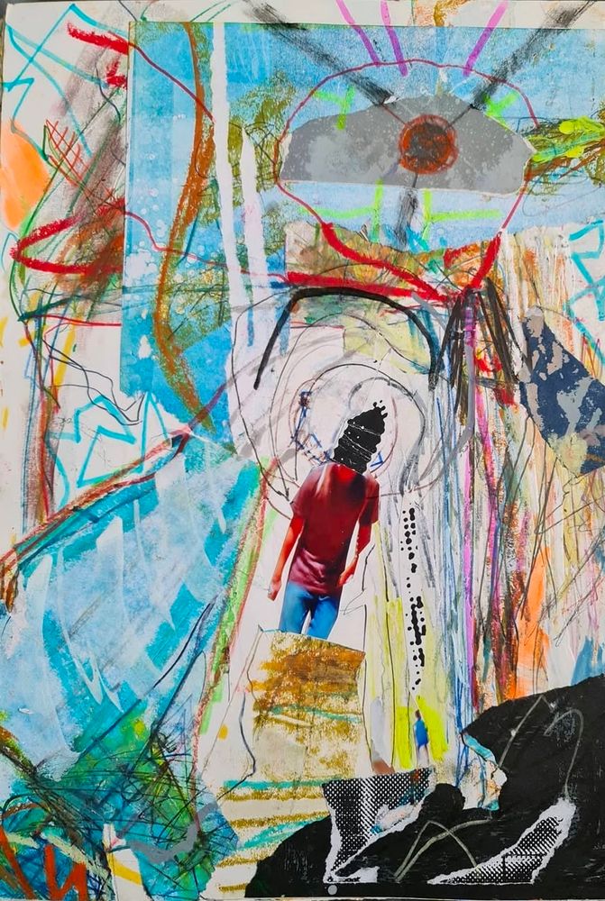 Messy mixed media collage with abstract expressionistic background, with suggested giant propeller and figure with dot matrix head and projecting thoughts