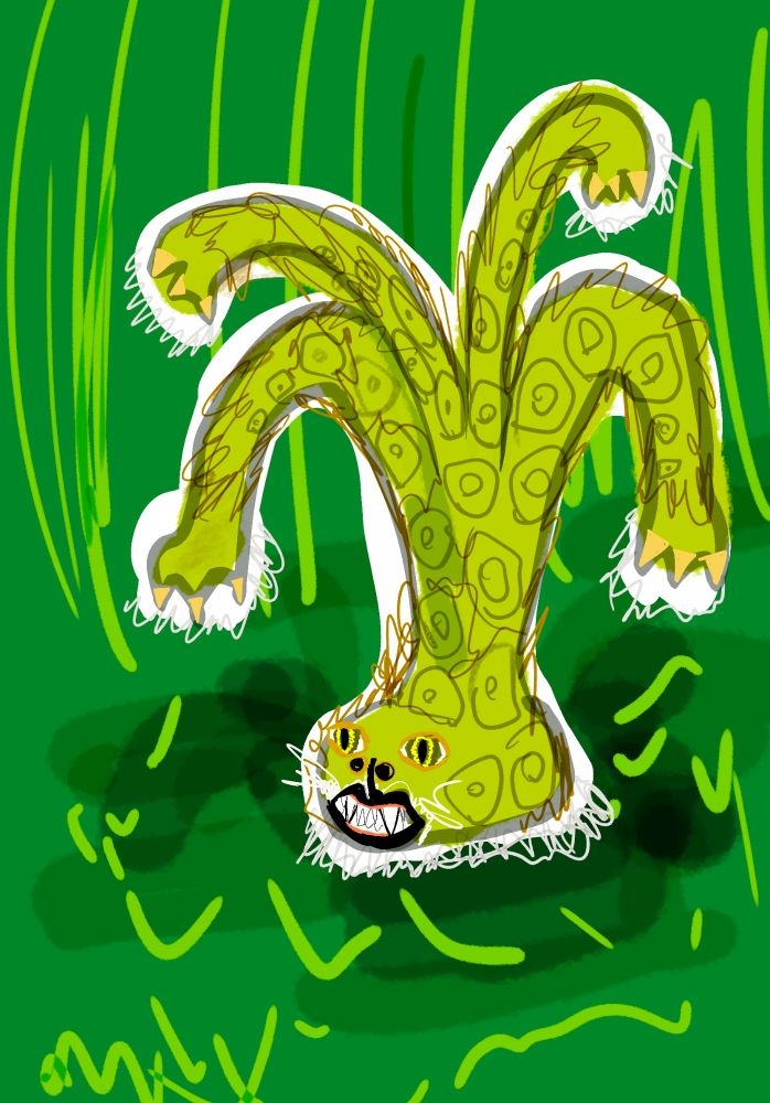 Green tiger/leopard/jaguar creature, with long flailing arms with claws above a foot stump big cat head, jaguar type markings