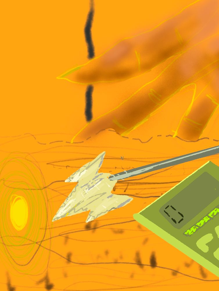 Golden glowing space, with partially in view giant looming hand with golden nails, source of glowing energy, wand with shark tooth top and a calculator.. it is the inside of a witches pocket