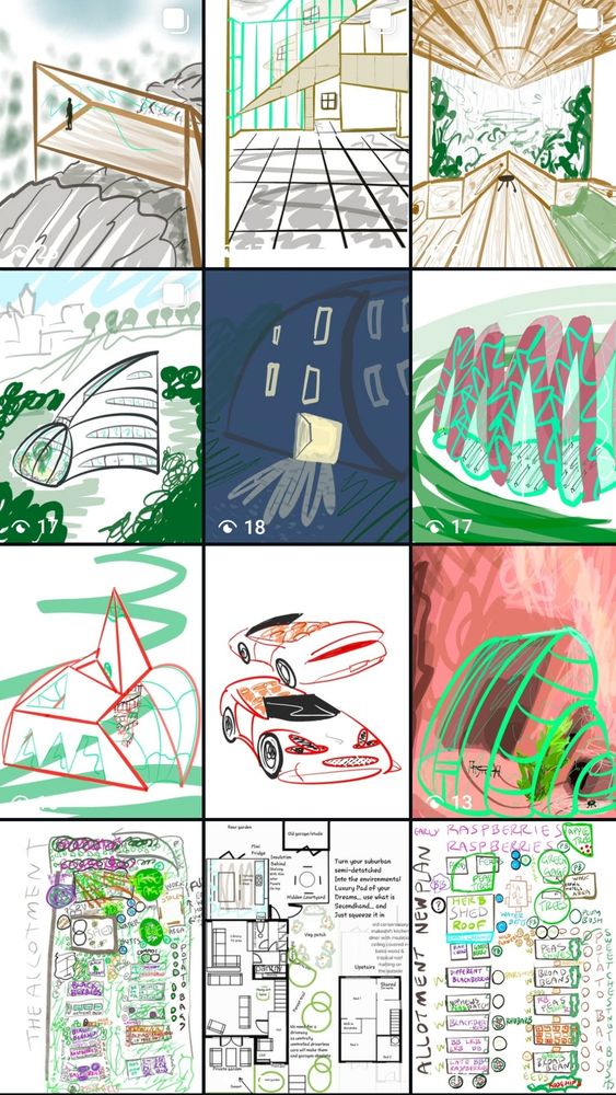 Panel of multiple design sketches architecture and car styling.. a trianglar glass house, a vast hallway with pointy stone work, a rain room with overhanging wooden ceiling, a shell sailing house, quarter moon house at night, ribs cathedral, the Crab Apple building, fluttery eyed Jaguar car, cave glasshouse, allotment plan, semi detatched of my delux dreams, another allotment plan