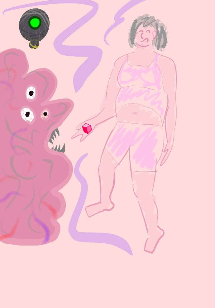 A woman wearing short pink sporting clothing is handing a small pink cube to a giant pink brain that has a dark grey sharp toothed mouth and three eyes.. a strange grey spherical robot with green eye hovers above them