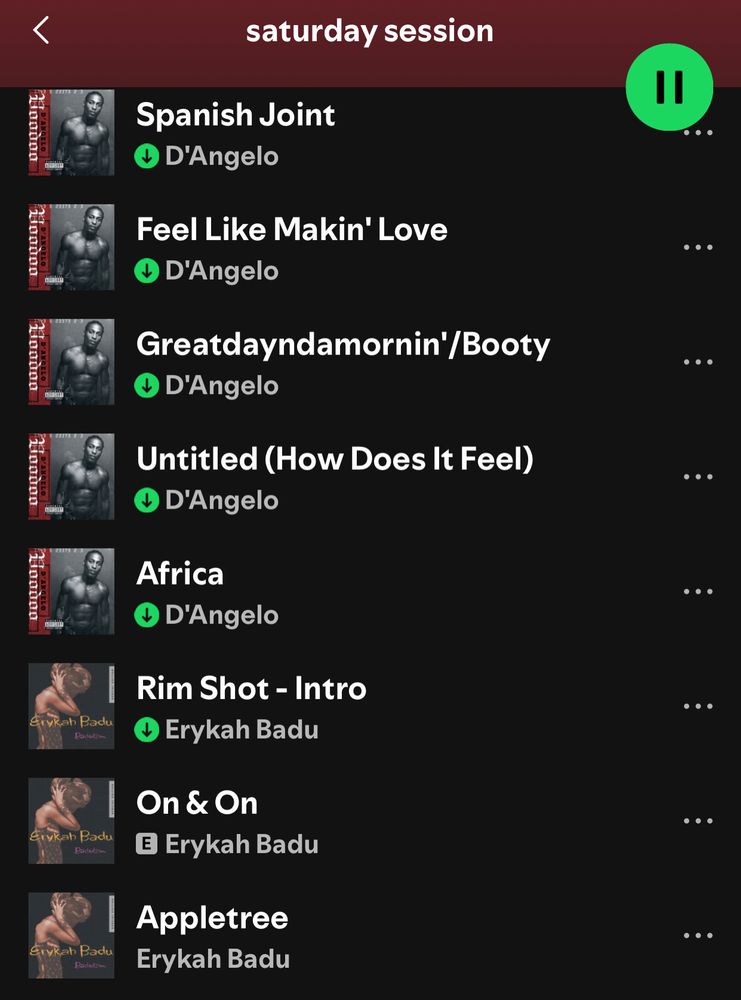 screenshot of spotify playlist with erykah badu and d'angelo