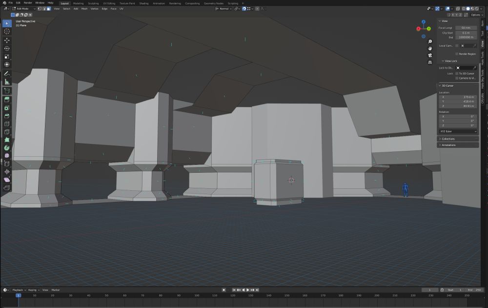 A blender scene containing some very patchwork and in-progress world geometry for some campaign map in the distant future. A scale reference of the master chief can be seen to the right.