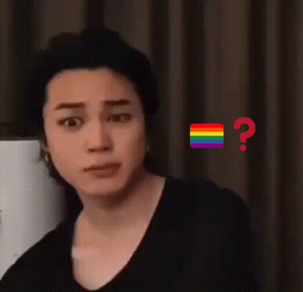 a close up of a person 's face with a question mark and a rainbow flag .