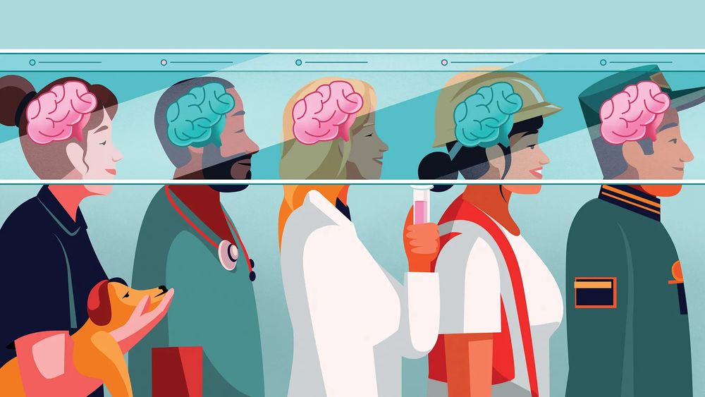 An illustration of men and women with representations of their brains in pink and blue (Image credit: Jack Hudson)