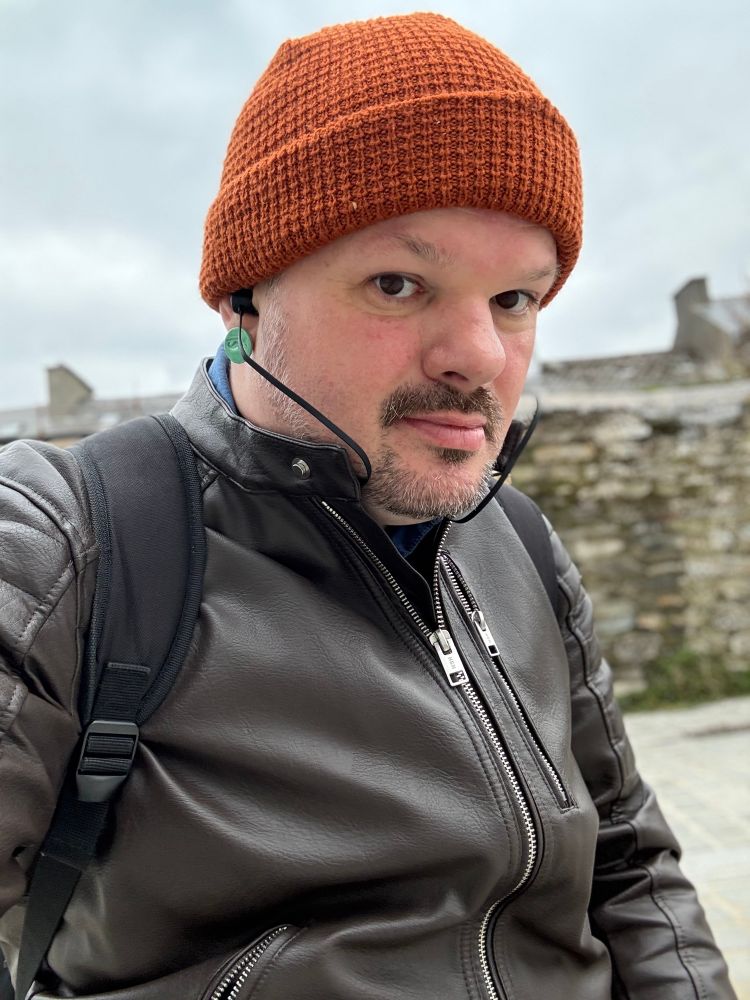 Me in autumnal colours and my moustache earrings 