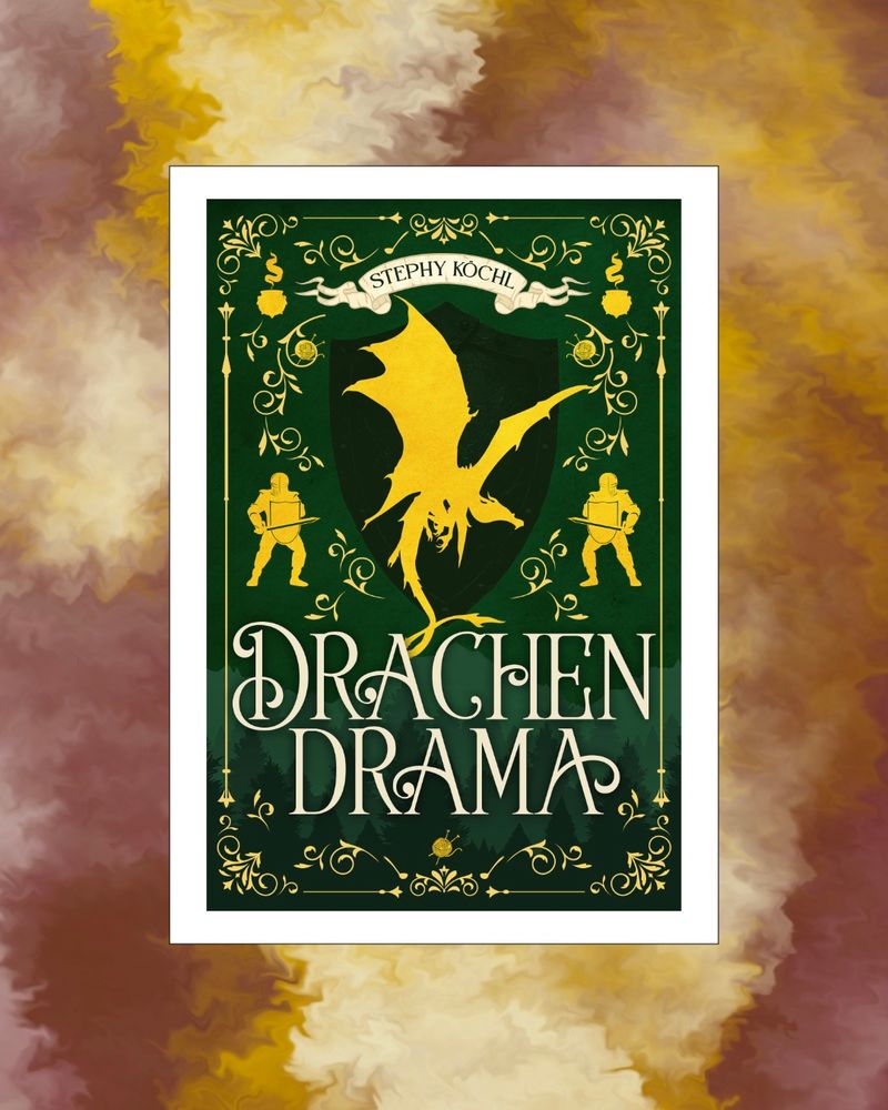 Zu sehen ist das Cover des High Fantasy Romans Drachendrama von Stephy Köchl. Auf einem leuchtend grünen Hintergrund erscheint ein gelber fliegender Drache vor einem dunkelgrünen Ritterschild. Zu beiden Seiten des Drachen steht jeweils ein Ritter, ebenfalls in gelb. In den Ecken des Bildes sind Kochtöpfe und Wollknäuel mit Stricknadeln zu erkennen. Im Hintergrund sieht man einen Wald mir Bergpanorama

Hinter dem Buchcover sind außerdem Flammen zu sehen, deren Farben von weißem Gelb bis hin zu dunklem Rot reichen.