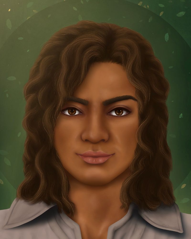 Zu sehen ist ein Portrait von Ritter Harti, dem Helden des High Fantasy Romans Drachendrama.
Dunkle Locken umschmeicheln das lächelnde Gesicht eines braunhäutigen, jungen Mannes. Seine großen braunen Augen schauen verträumt und werden von dichten dunklen Augenbrauen betont. Harti trägt ein einigermaßen weißes Hemd mit einem aufgeschlagenen Kragen.