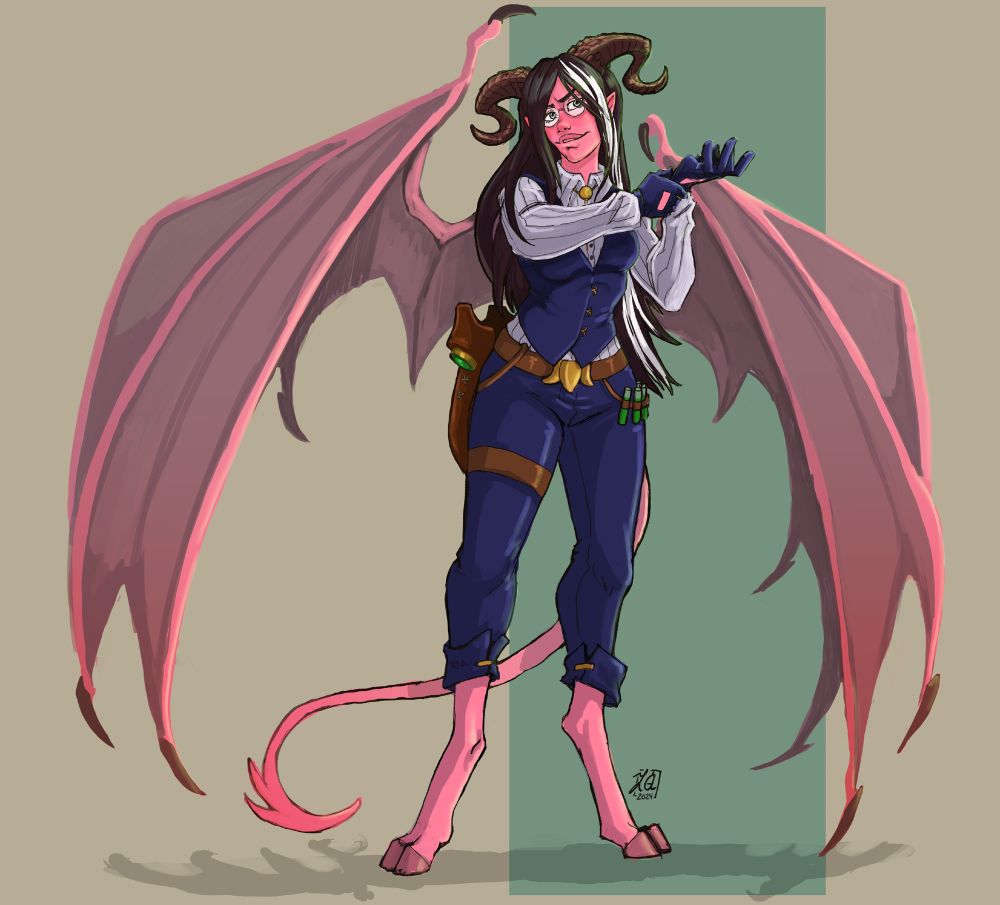 Full body art of a pink hooved tiefling with wings wearing glasses, a blue vest over a striped shirt and blue pants with a plague dr mask on the hip.