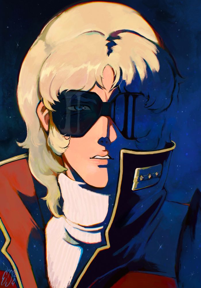 Portrait of Char Aznable from Zeta Gundam. He is looking at the camera with hazy eyes, mouth slightly open. There is harsh shadows on the left side of his face (our right) which meld into a blue galaxy that is the background.