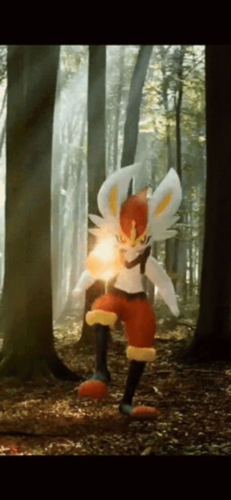 a cartoon character is standing in the middle of a forest holding a fireball