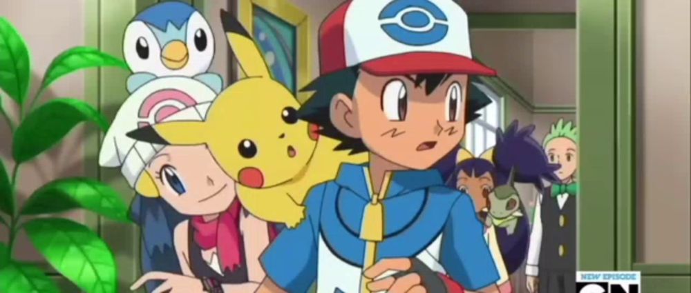 a group of cartoon characters including ash and pikachu are standing next to each other .