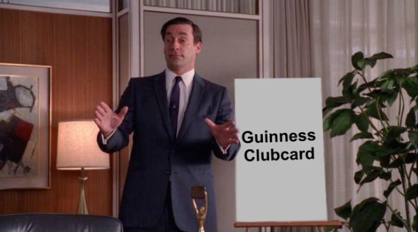 Mad Men screenshot of drunk Don presenting guinness clubcard
