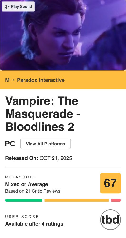 Screencap of Metacritic’s page for Vampire: The Masquerade Bloodlines 2. Its metascore currently sits at 67, in the “Mixed or Average” category.