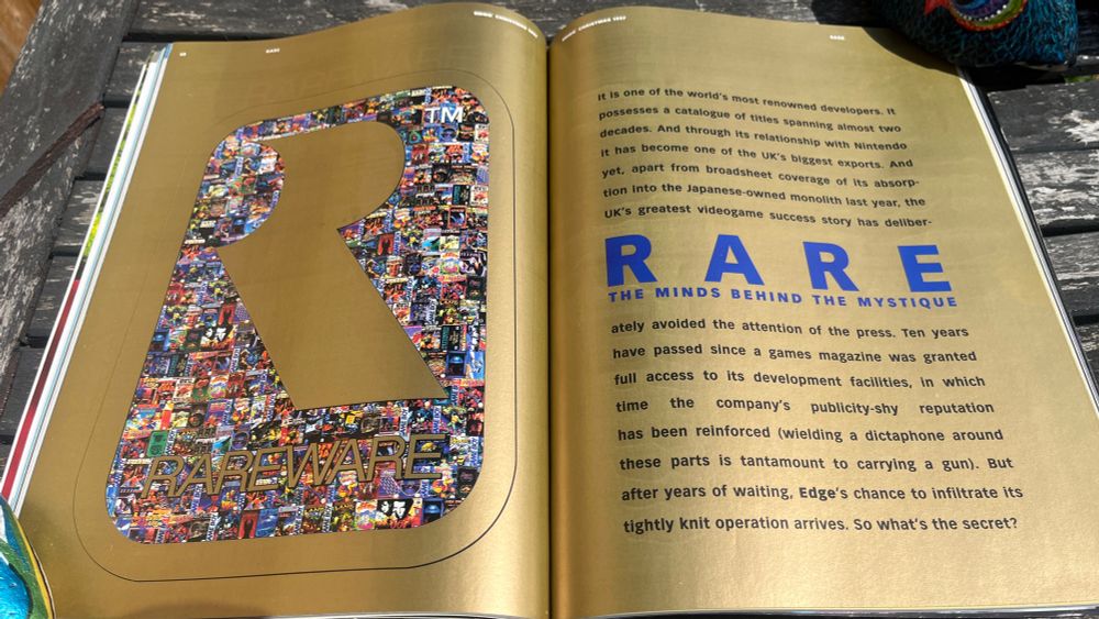 Opening spread for the Rare cover story. Features a mosaic of Rare games forming the company’s logo on the left, and large introductory text on the right, summarizing that Rare is the most prolific UK developer but they’re notorious assholes about shutting off press access to their isolated farmhouse facility in rural Warwickshire…until now.