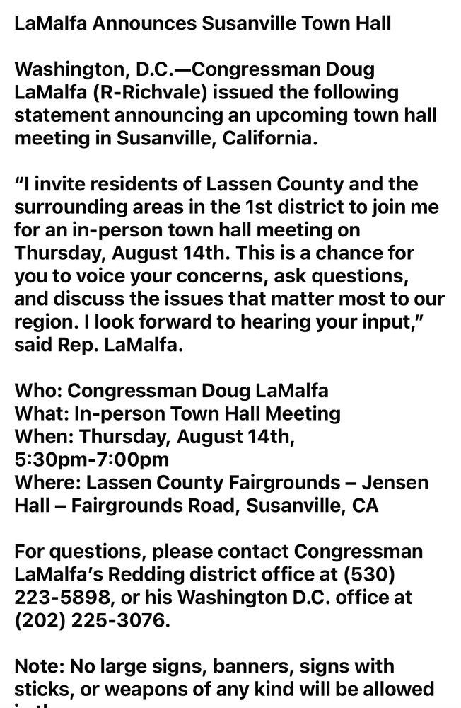 LaMalfa Announces Susanville Town Hall Washington, D.C.-Congressman Doug LaMalfa (R-Richvale) issued the following statement announcing an upcoming town hall meeting in Susanville, California. 