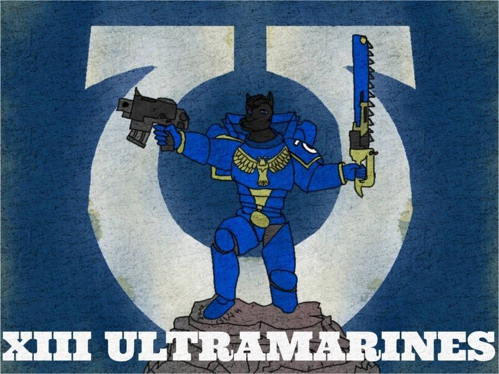 My boyfriend's fursona a black wolf as an Ultramarine from the Warhammer universe
