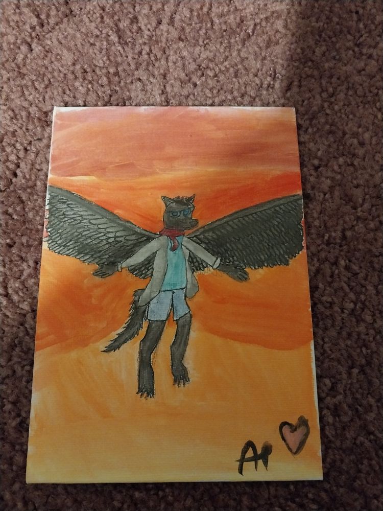 A black wolf with wings in front of a sunset sky 