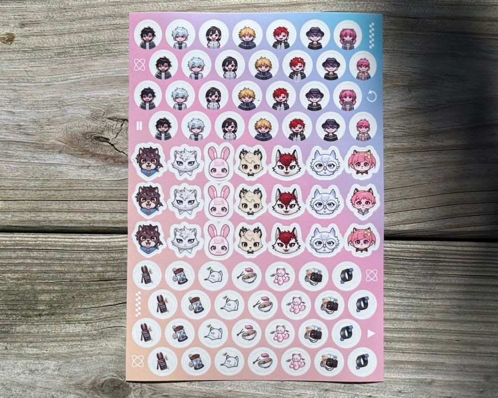 Four glossy die-cut stickers of the Link Click trio in chibi style, each themed to a season. Spring (green background) shows Cheng Xiaoshi catching a flower bloom while Lu Guang and Qiao Ling smile nearby. Summer (yellow background) has Cheng Xiaoshi and a sunburnt Lu Guang carrying Qiao Ling on a surfboard. Autumn (purple background) features the trio in Halloween costumes — Lu Guang as a vampire, Cheng Xiaoshi as a werewolf, and Qiao Ling as a witch. Winter (blue background) shows Qiao Ling and Lu Guang laughing as they build Cheng Xiaoshi into a snowman.