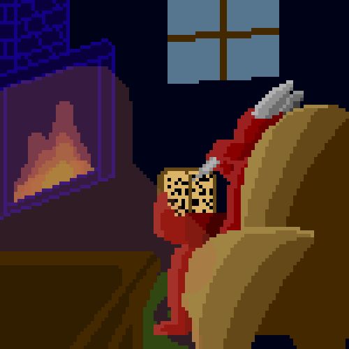 A pixelart style drawing of a red dragon with grey-white horns sitting by a fireplace on a chair writing in a book with a quill.