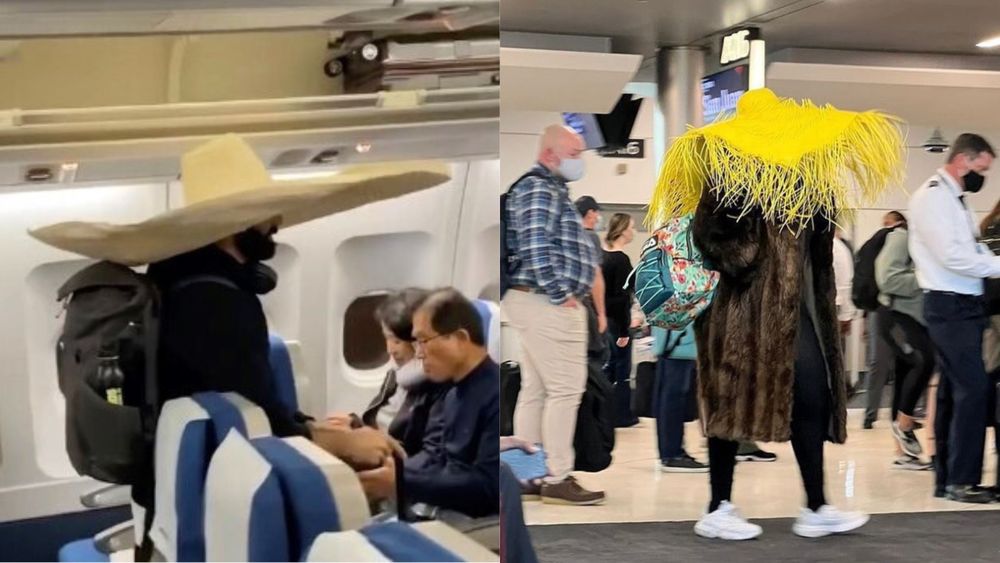 Passengers with huge hats at the airport 
