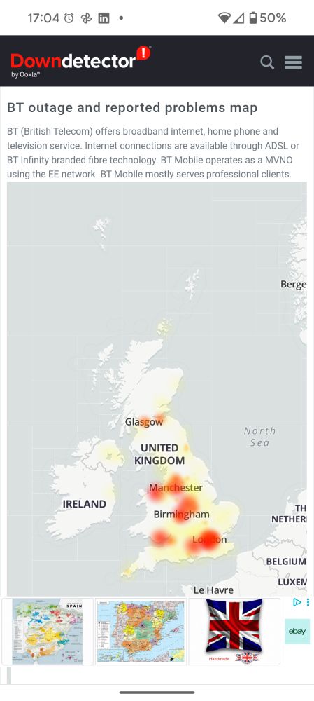 Down detector map of BT outage reports since about lunchtime....I 
. 