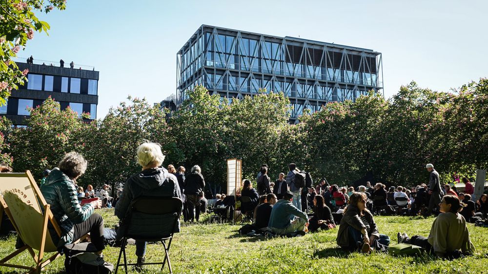 Menschen sitzen auf der Wiese im Besselpark, im Hintergrund das Gebäude der taz.