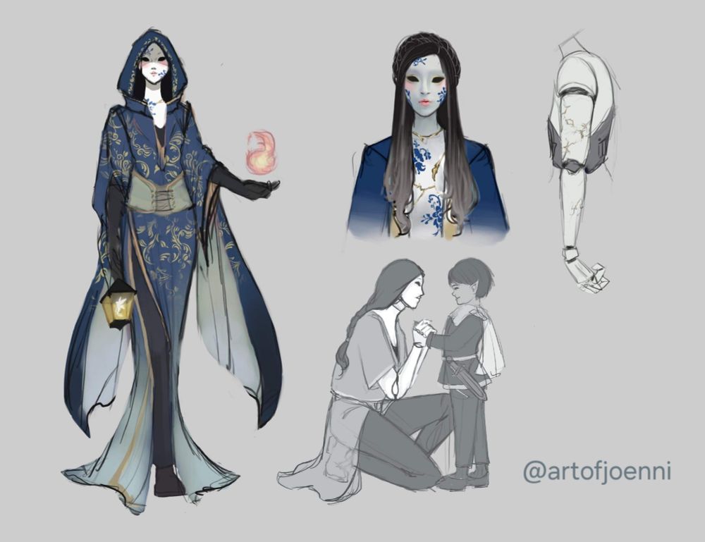 A porcelain warforged named Galatea. This is a character sheet with a construct dressed in blue and gold robes. She has gold kintsugi-like cracks, and blue florals on her skin. One picture shows her jointed arms like a doll's, and another shows her kneeling and holding the hands of a young boy, in a maternal fashion. 
