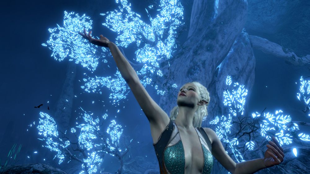 altalune, a szarkai drow, reaches for neon blue sussur blooms