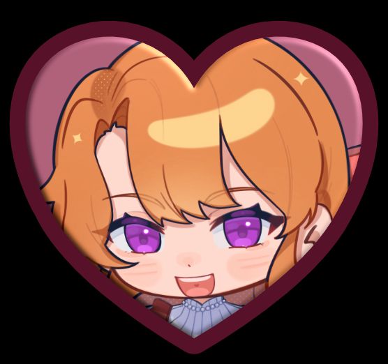 heart shaped image of a blonde chibi girl with purple eyes smiling