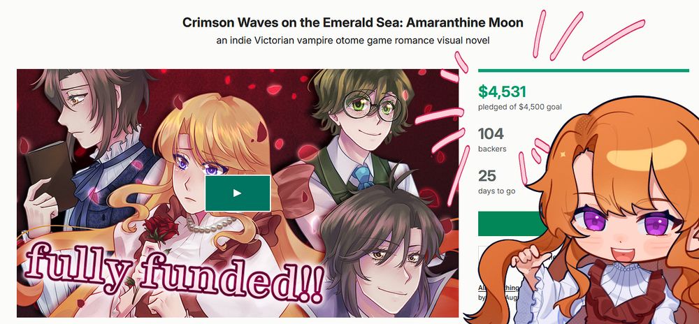 screenshot of the Crimson Waves on the Emerald Sea: Amaranthine Moon Kickstarter page showing it fully funded