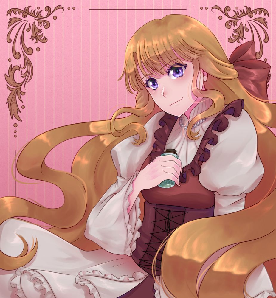 anime style illustration of a blonde girl in a white and red Victorian dress smiling against a pink backdrop with a glass jar in her hands