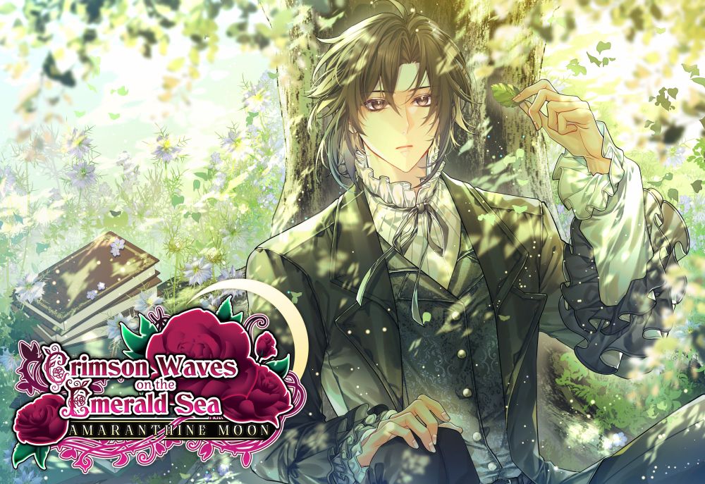 anime style illustration of a man in historical attire of a vest and frilled top and jacket sitting under a shaded tree with leaves falling around him and looking at the viewer.
Crimson Waves on the Emerald Sea AMARANTHINE MOON