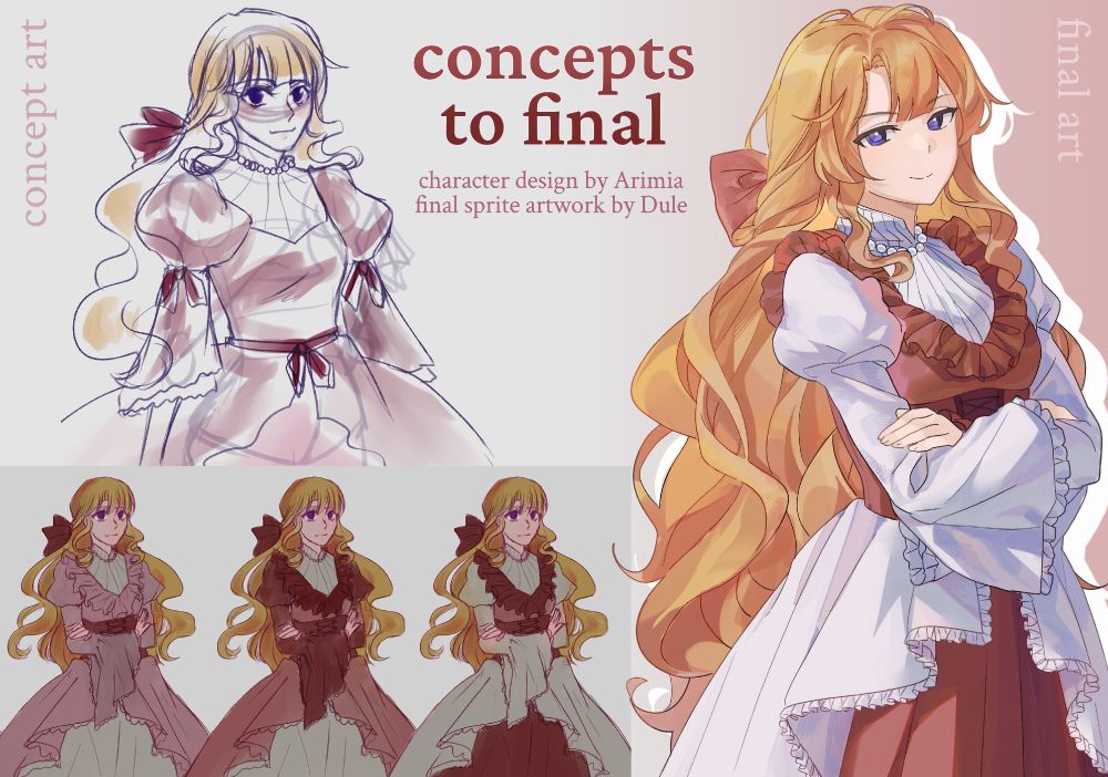 anime style illustration of a blonde girl in a white and red dress, going from concept sketches to a full artwork on the right. the text in the center says:
concepts to final
character design by Arimia
final sprite artwork by Dule