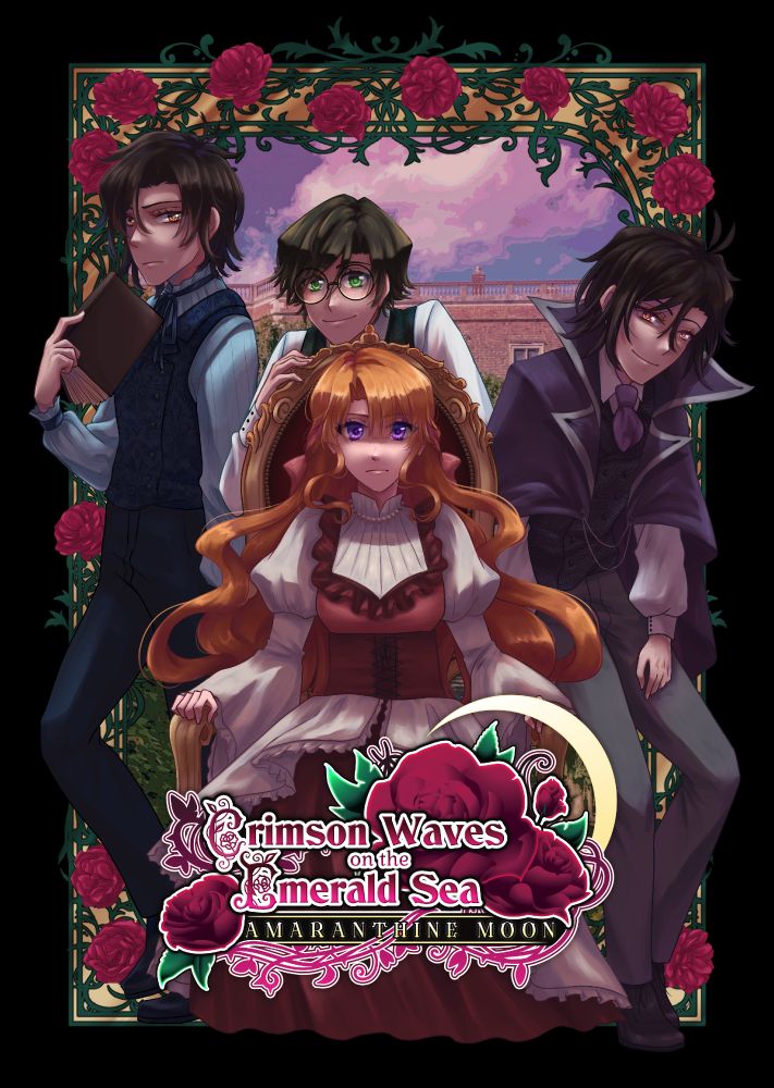 anime style illustration of 4 different characters. a blonde character in a long white and red dress sits on an ornate throne. 3 men stand around her, with the center and right ones leaning against the chair. a golden frame with roses and vines surrounds them from behind.
the logo at the bottom says "Crimson Waves on the Emerald Sea: Amaranthine Moon"