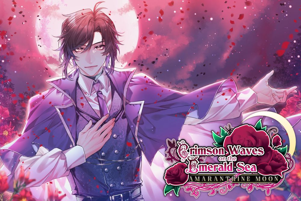 anime style illustration of a brunette man in a purple flowing cape smiling in front of a red moon surrounded by flower petals. the logo at the bottom right reads "Crimson Waves on the Emerald Sea AMARANTHINE MOON"