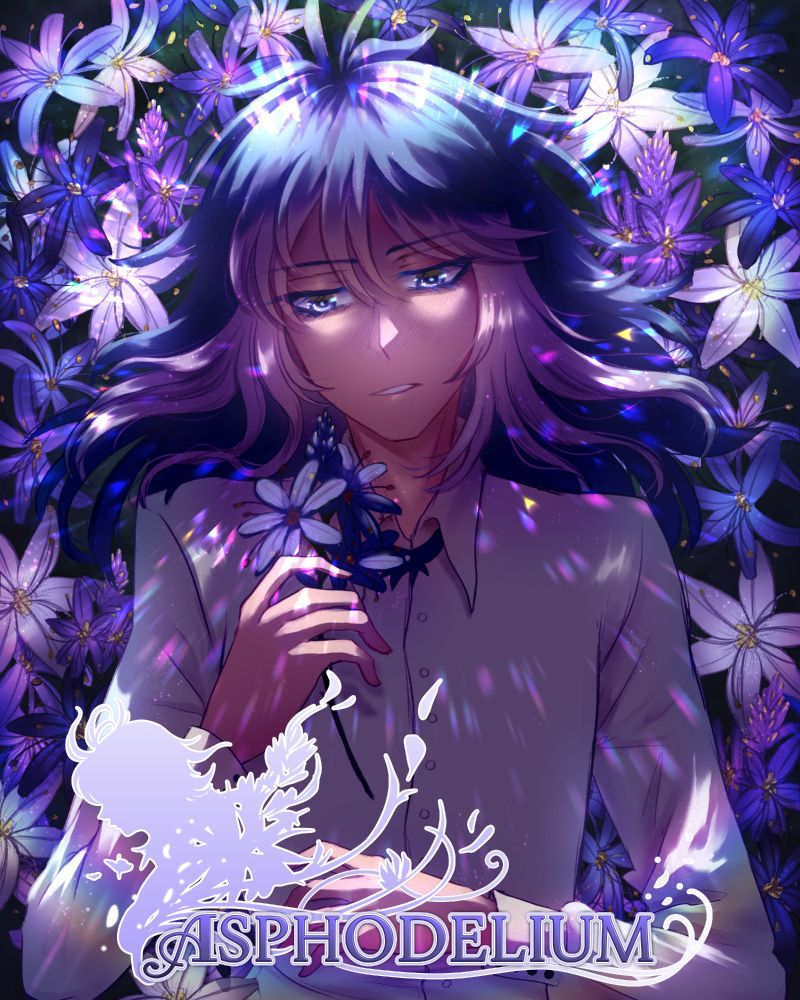 anime style illustration of a blue and purple ombre haired character lying in a bed of white and purple flowers with a melancholic look on his face, cast downward  at flowers in his hands. the logo at the bottom reads "Asphodelium"