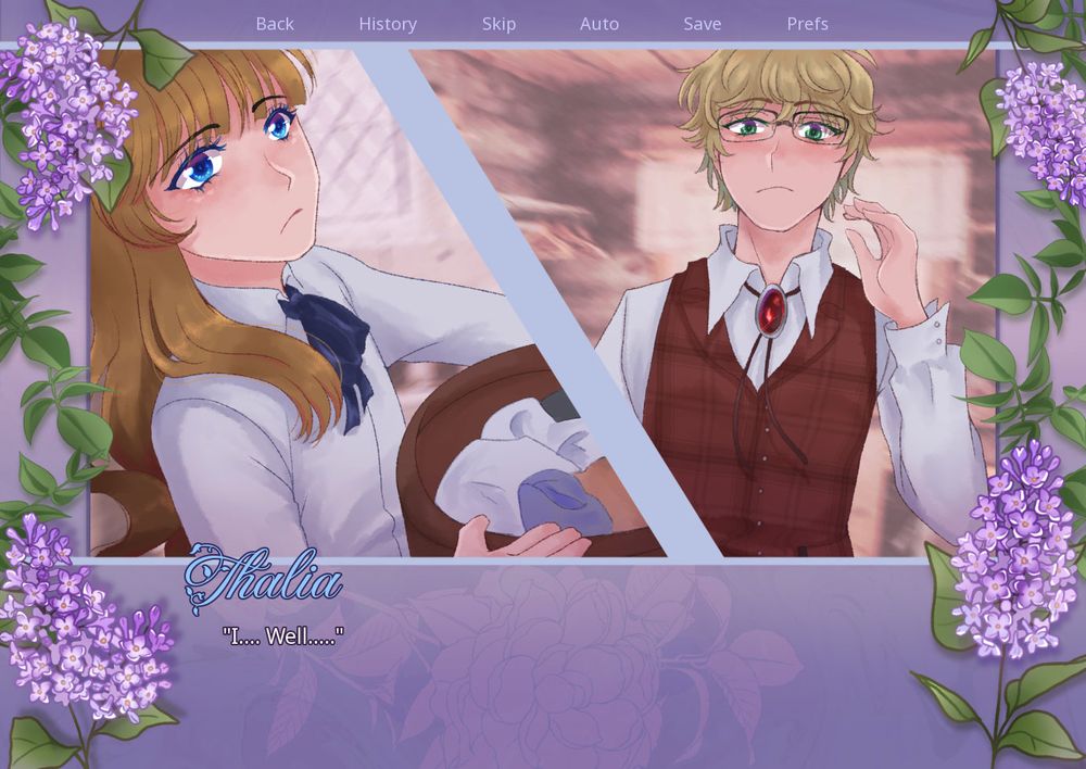 screenshot of a visual novel. the purple textbox surrounds the screen with lilacs around the frame. a blonde woman in a white button up shirt holding a laundry basket looks up at a blonde man in a plaid vest, blushing at her. the text at the bottom reads:
Thalia
"I.... Well....."