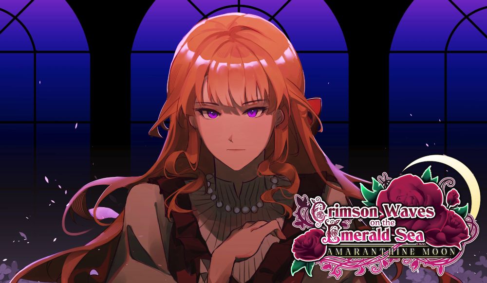 anime style illustration of a blonde woman with long hair and purple eyes looking sharply at the viewer in a dimly back lit room with large windows behind her. the logo at the bottom right says "Crimson Waves on the Emerald Sea Amaranthine Moon"