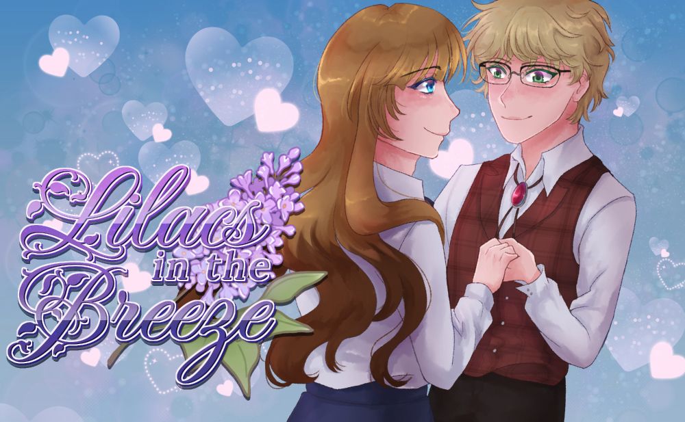 anime style illustration of a pair of blonde characters facing each other, holding hands and smiling, on a blue gradient background with hearts. the logo on the left reads "Lilacs in the Breeze" in a cursive purple font.