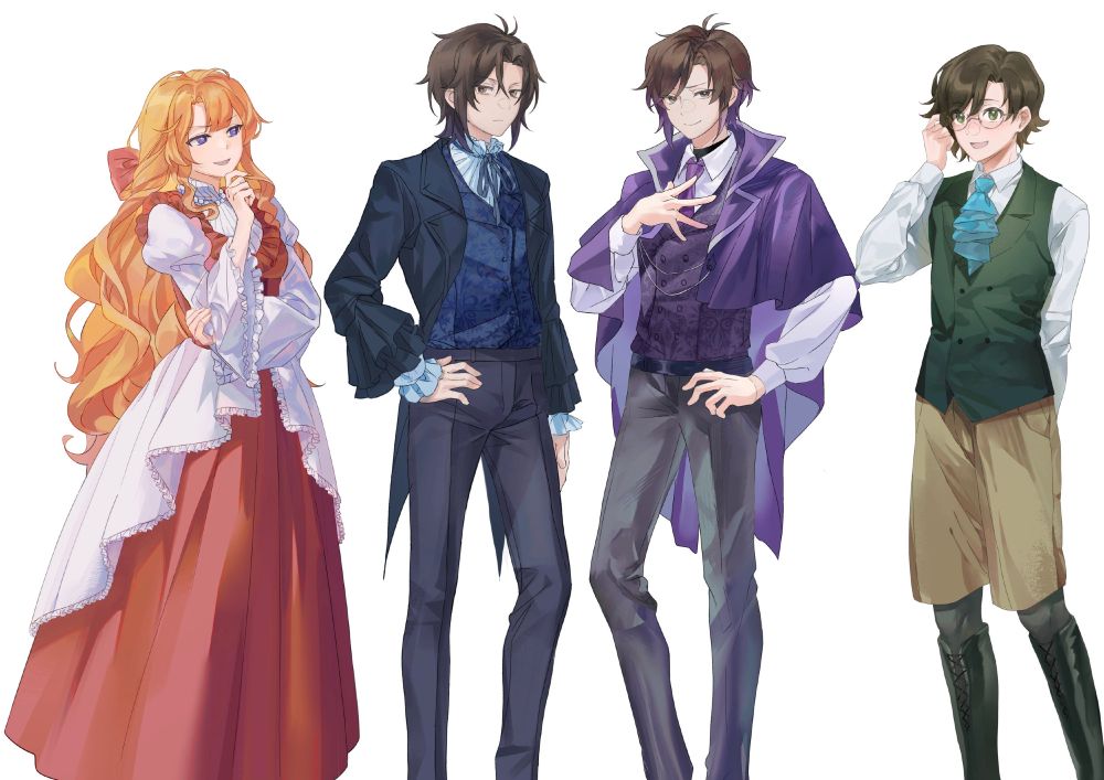 a lineup of anime-styled characters. from left to right:
a blonde girl with long, wavy hair in a white and pinkish red full-length dress
a brunette guy in a blue suit with a blue ribbon
a brunette guy in a purple vest & cape with a purple necktie
a greenish/brunette guy in a green vest and khaki shorts wearing glasses