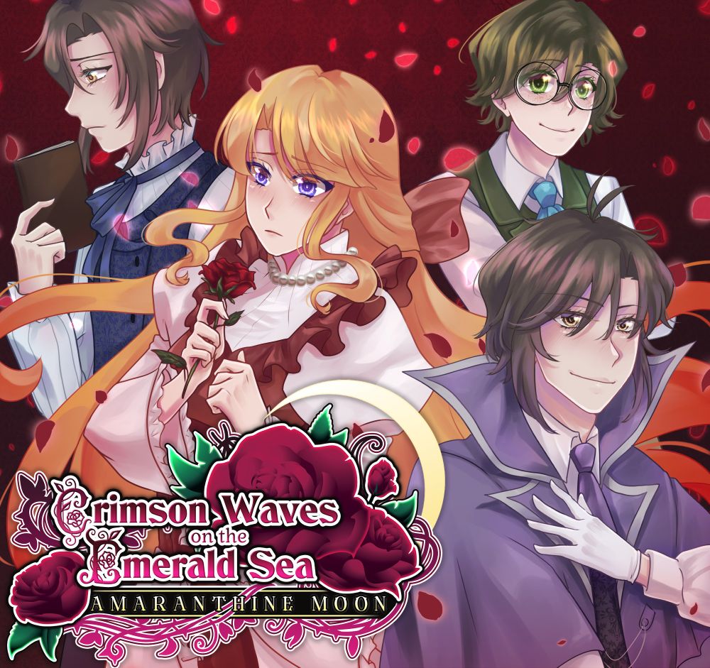 anime style illustration of 4 Victorian characters surrounded by roses
Crimson Waves on the Emerald Sea: Amaranthine Moon
