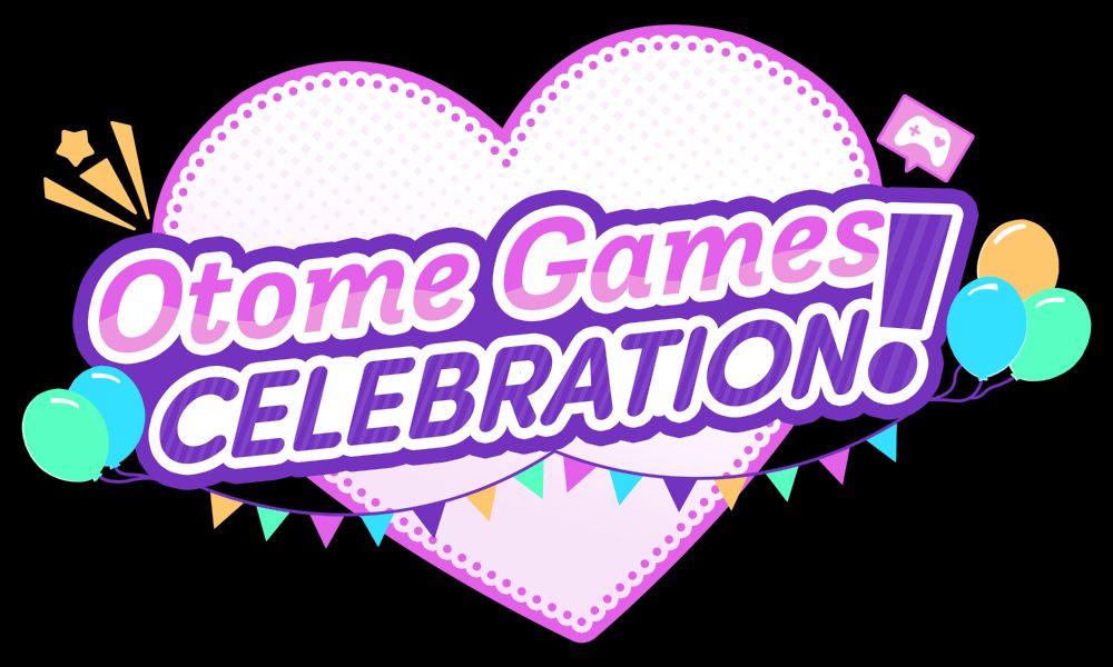 logo that reads "Otome Games Celebration!" on top of a pink and purple outlined heart. balloons and party banners surround it.