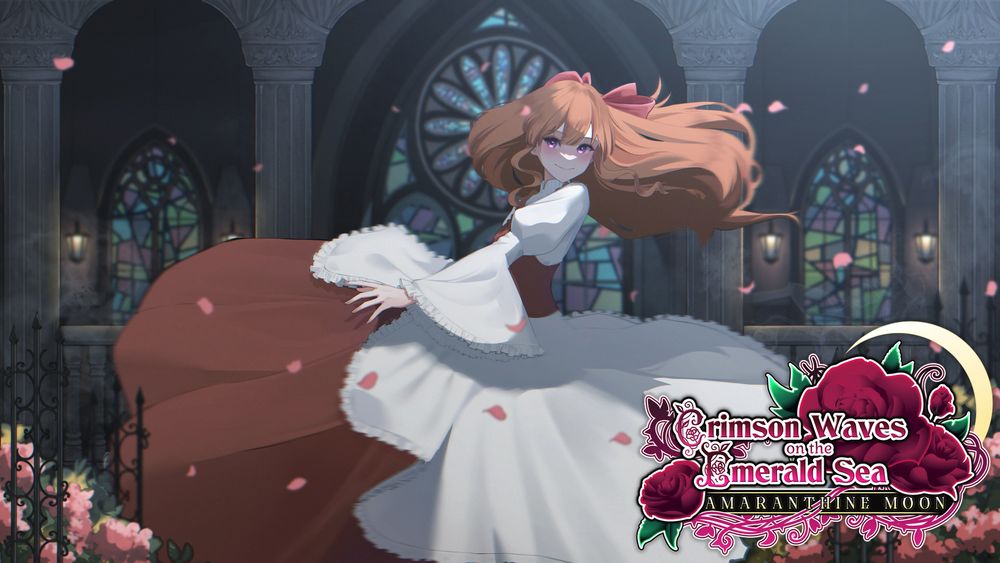 a blonde girl dances in a white and red dress in a courtyard surrounded by flower petals
Crimson Waves on the Emerald Sea: Amaranthine Moon