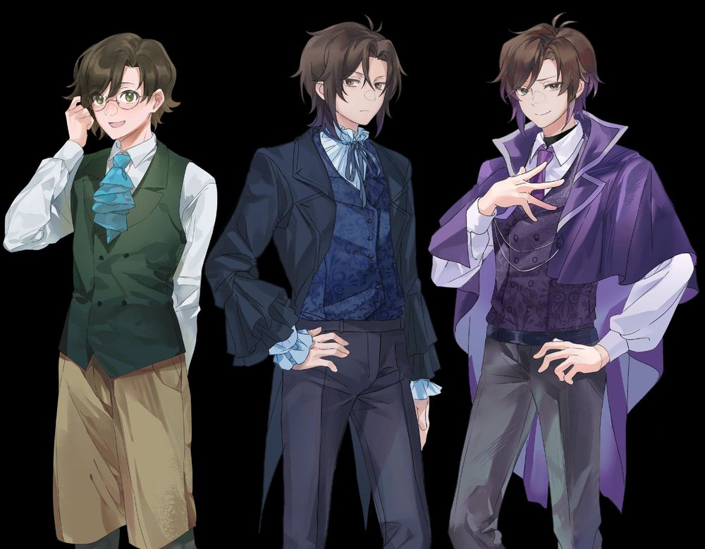 3 anime style boys in green, blue, and purple from left to right, each looking towards the viewer. left has an open smile, center has a neutral expression, and right has a smirk.